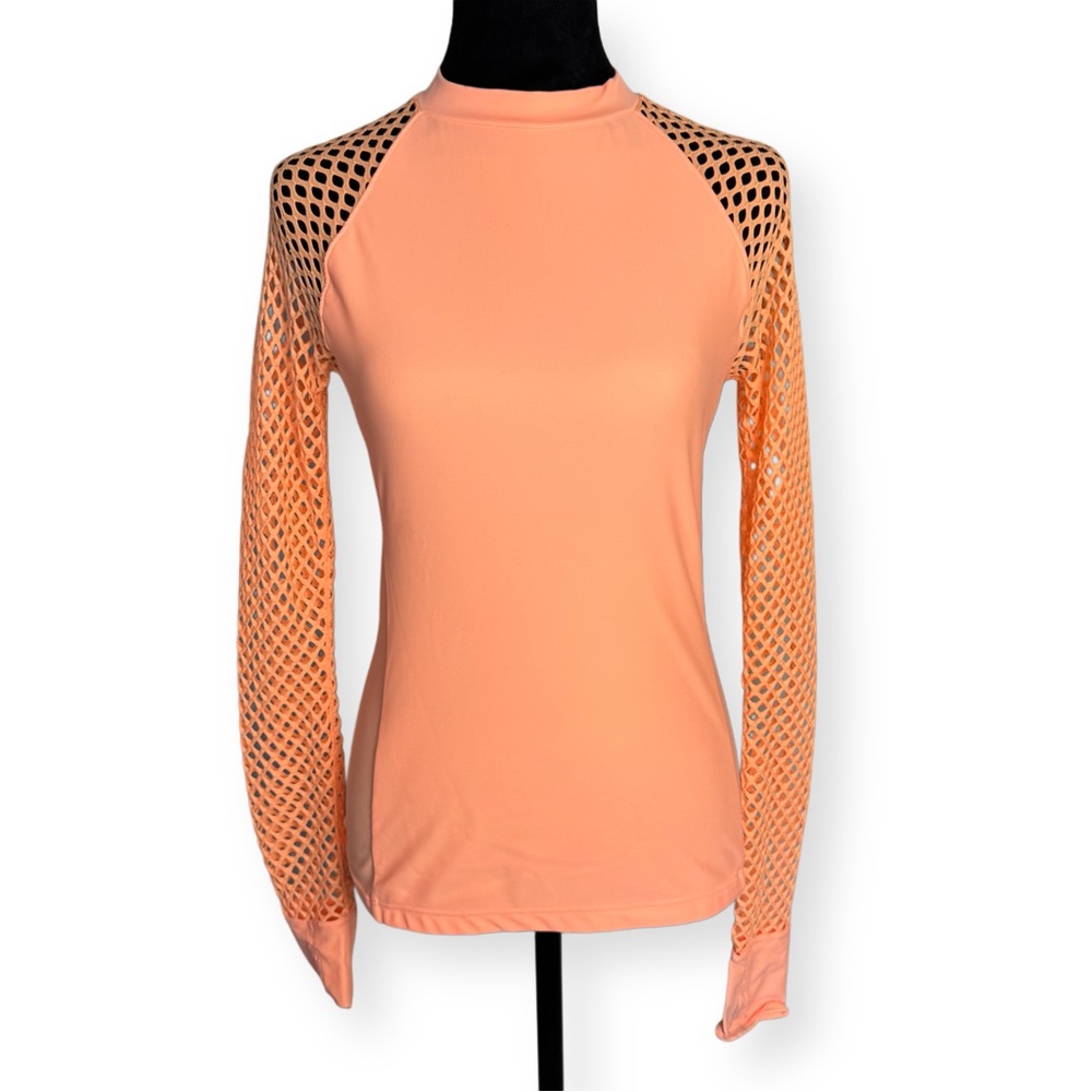 Forever 21 Orange Coral Athletic Top Fishnet Long Sleeve Yoga Athleisure Med